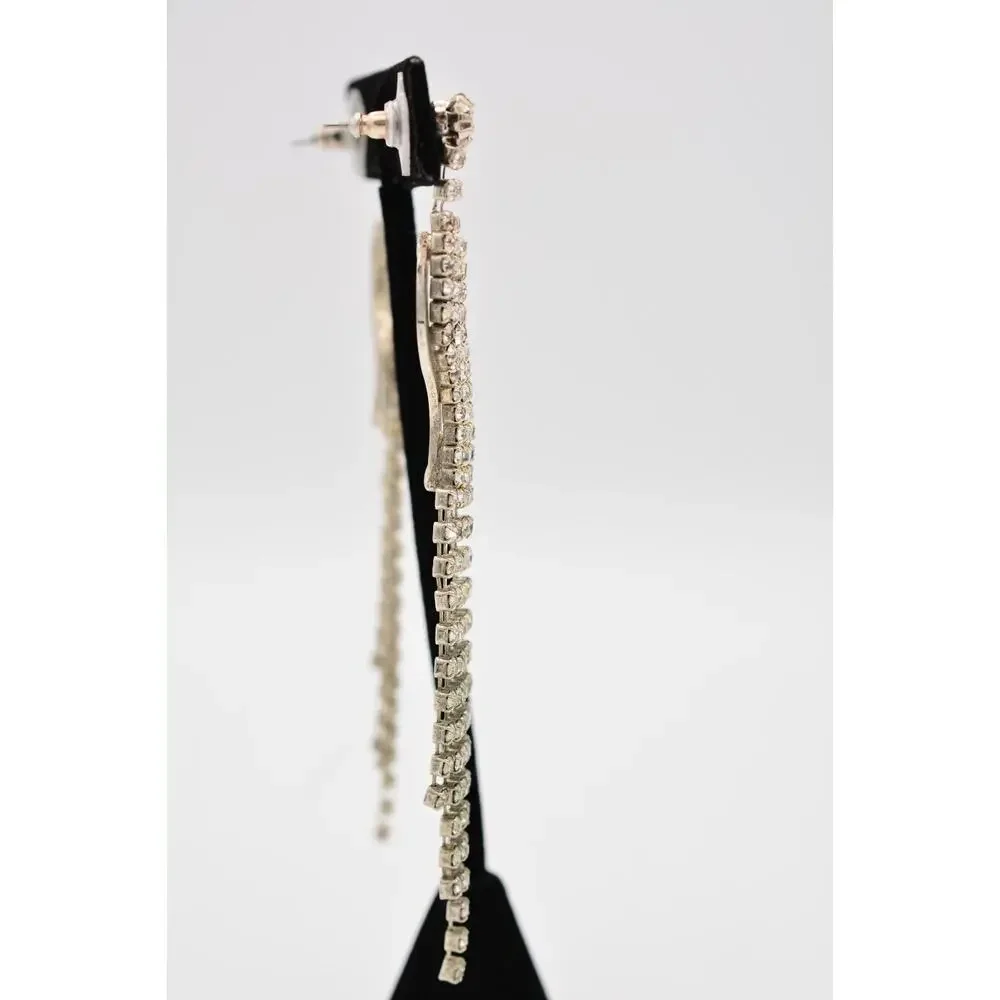 Vintage Dangle Earrings Rhinestone Crystal Fringe Chain Prong Silver 1980s 9L